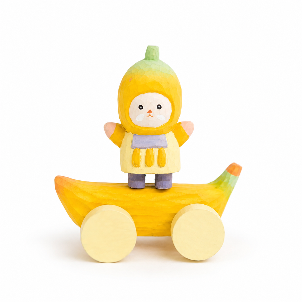 Painted Wooden Banana Vehicle Ornament with Standing Figure, Shelf and Desk Decor,