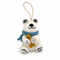 White Felt Bear Hanging Ornament with Blue Scarf and Fish, Small Decorative Figure