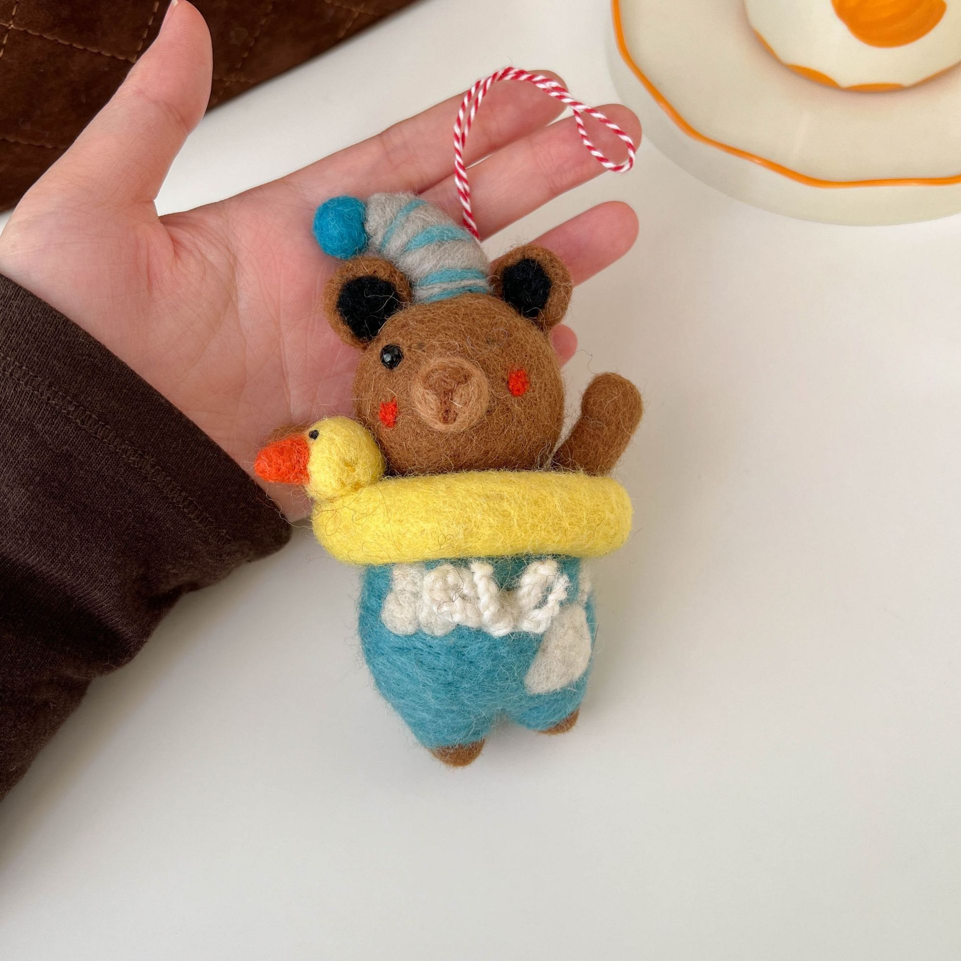 Handmade Felt Bear Hanging Ornament with Duck Float, Brown Animal Decor