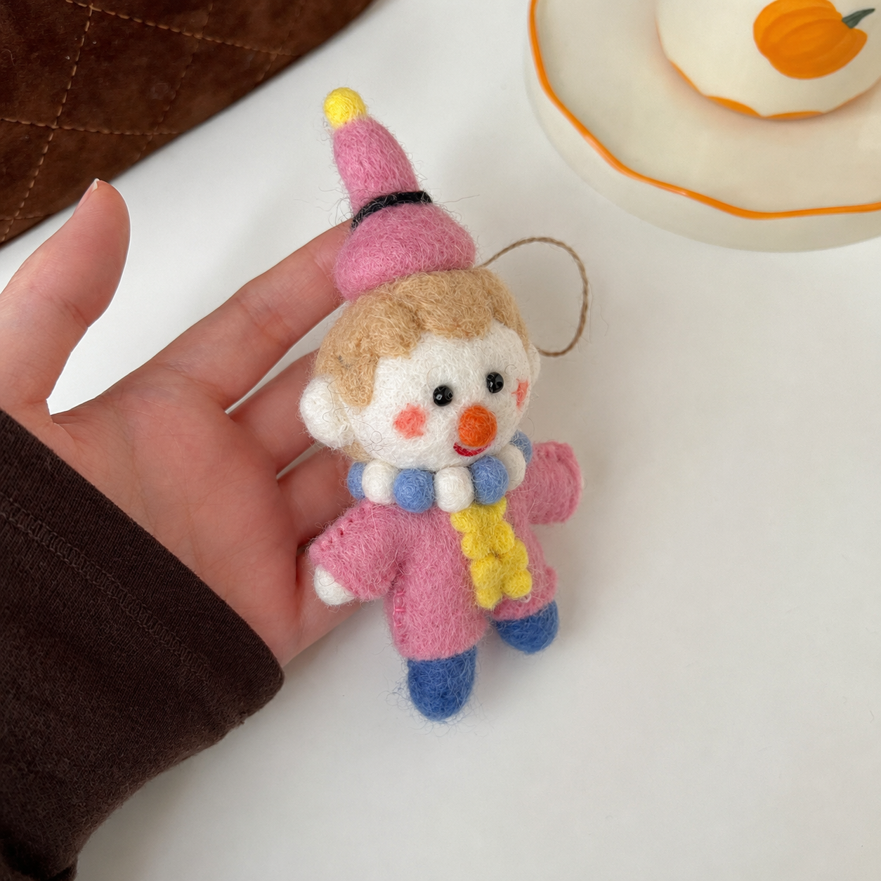 Pink Felt Clown Hanging Ornament, Small Decorative Character Figure for Shelf or Bag