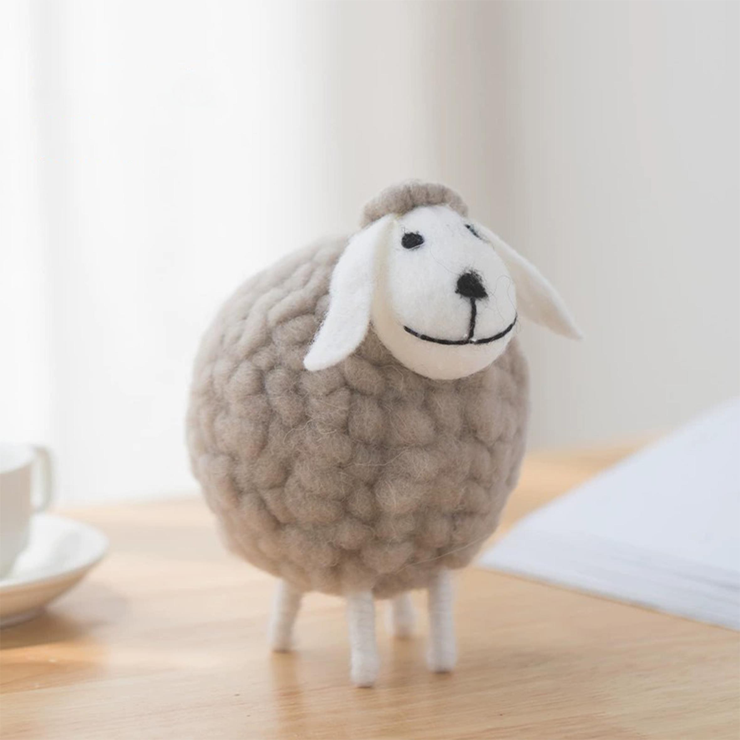 Large Gray Wool Felt Sheep Figurine, Standing Animal Tabletop Decor for Desk or Shelf