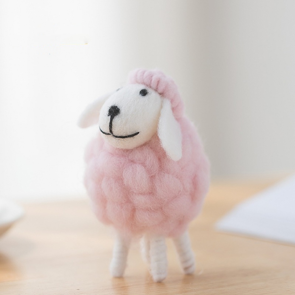 Small Pink Wool Felt Sheep Figurine, Soft Animal Tabletop Decor for Desk or Shelf