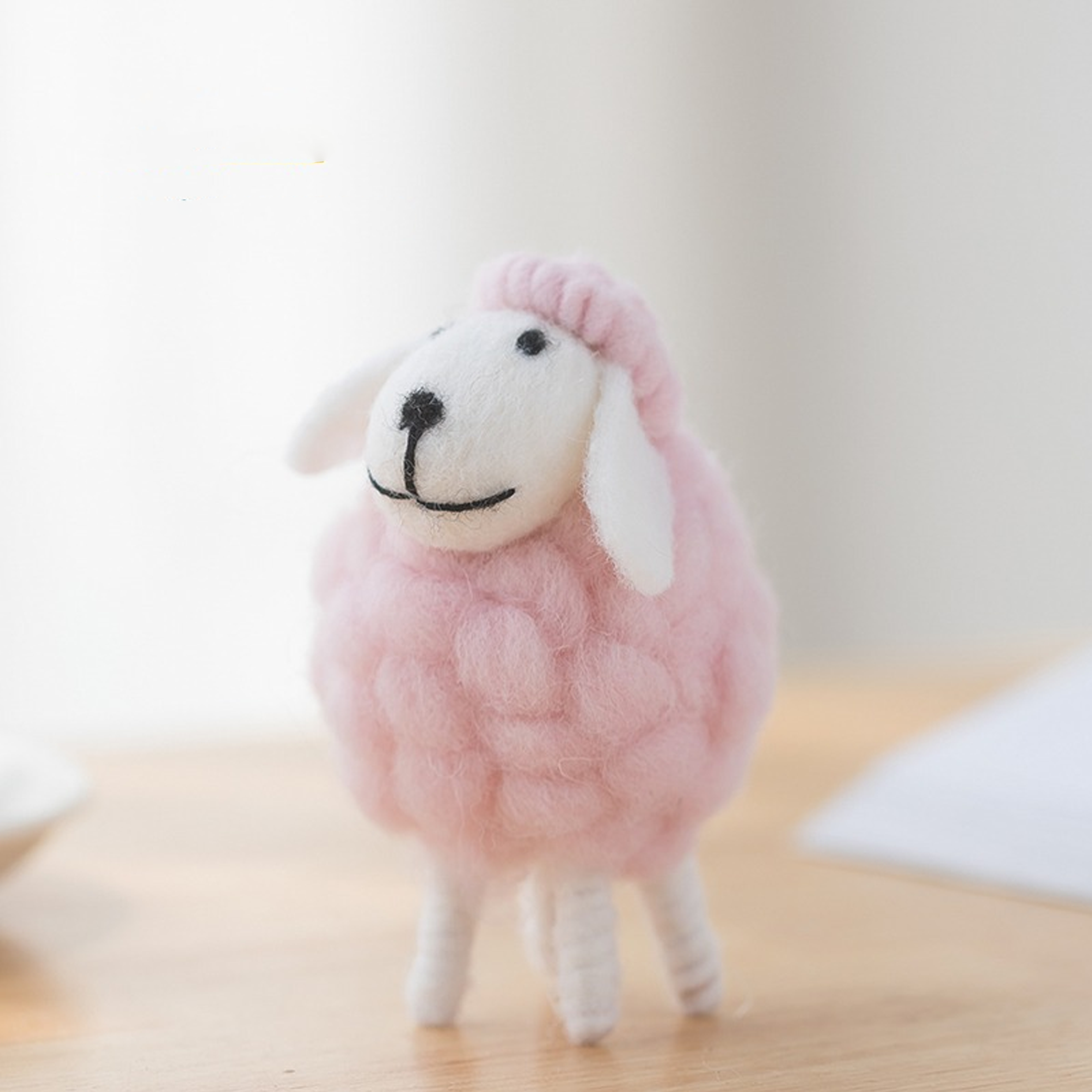 Small Pink Wool Felt Sheep Figurine, Soft Animal Tabletop Decor for Desk or Shelf