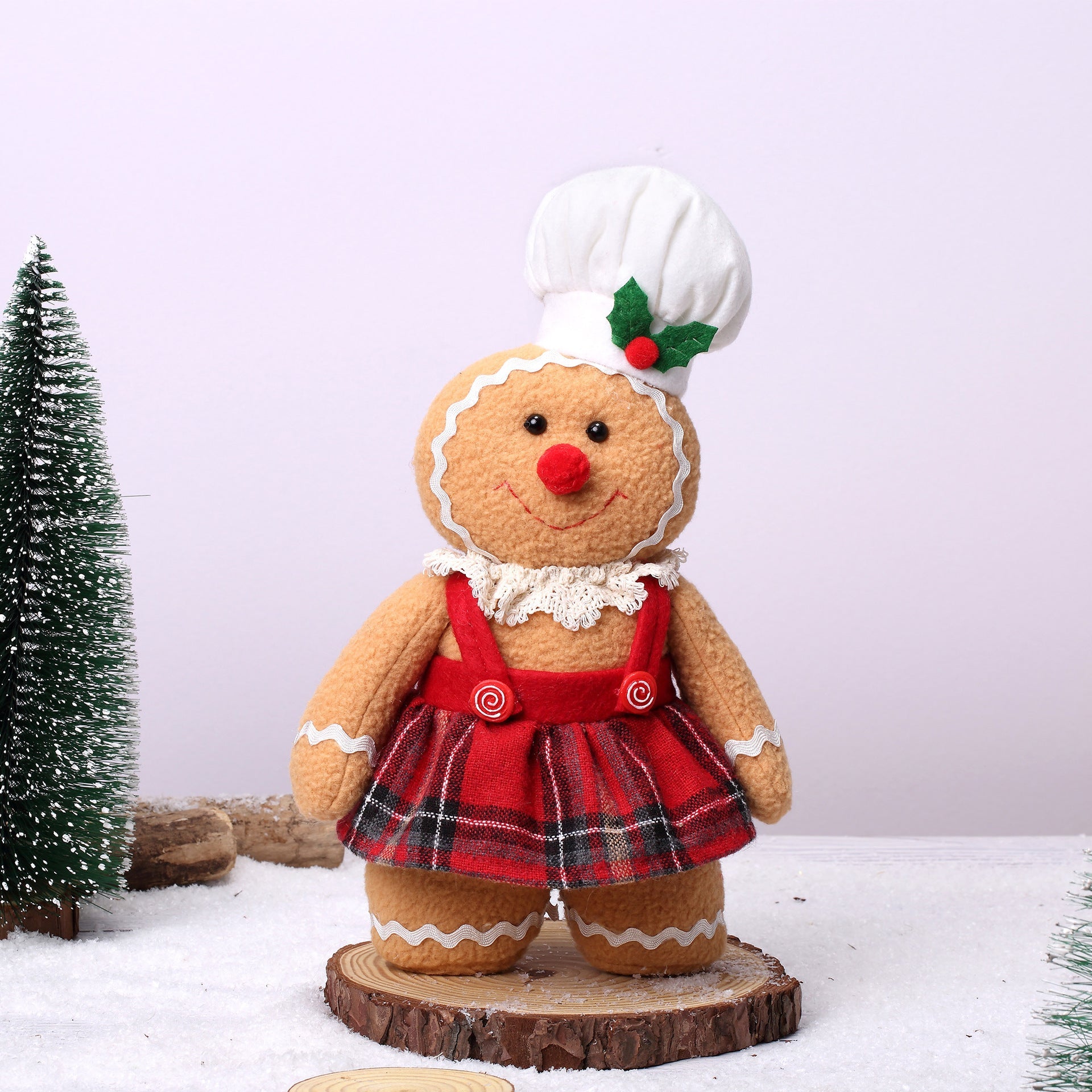 Gingerbread Girl Plush Holiday Decoration, Red Plaid Fabric Shelf Figure