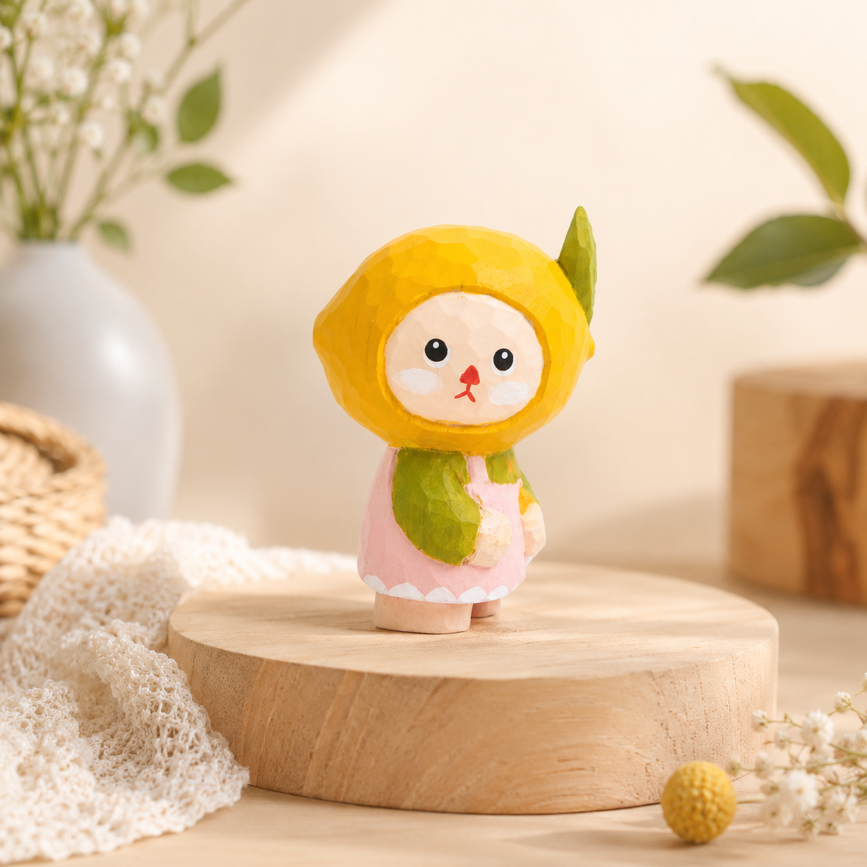 Painted Wooden Lemon Character Figurine, Yellow Tabletop Decor for Shelf or Desk